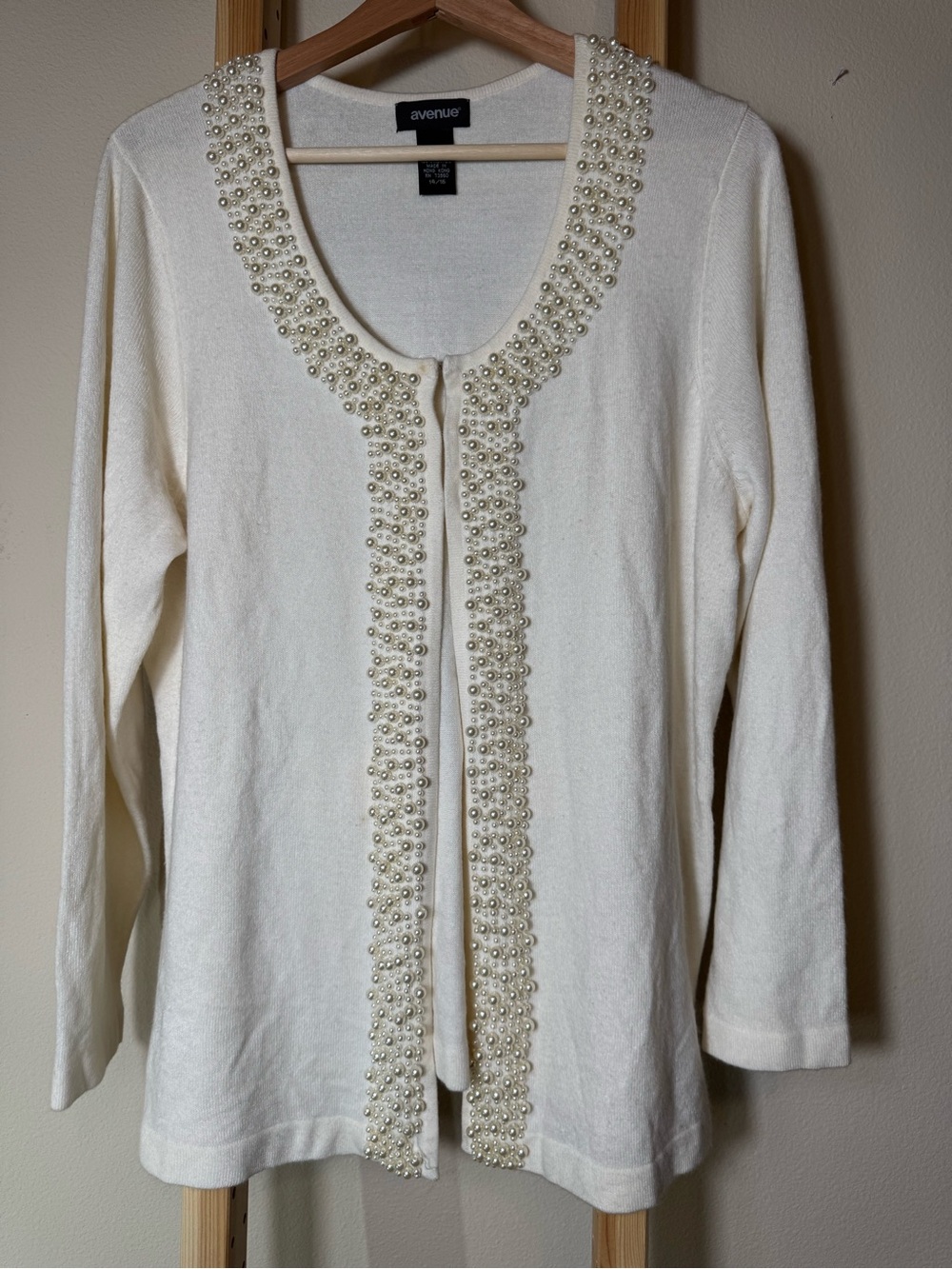 Avenue Ivory Pearl-Trim Open Front Cardigan